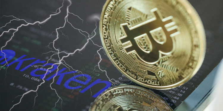 Moneda de Bitcoin sobre pantalla con datos de exchange, relámpagos y logo de Kraken. Composición por CriptoNoticias. Kraken / kraken.com; vectorpocket / freepik.com; Doughnutew  / pxhere.com