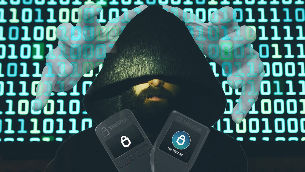 Monederos Trezor con hacker y código y manos en el fondo. Composición por CriptoNoticias. Trezor / trezor.io; truthseeker08 / pixabay.com; Trezor / Trezor.io; twenty20photos / elements.envato.com