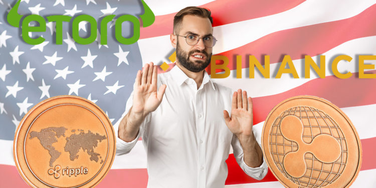 Hombre rechaza monedas de XRP con logos de eToro y Binance y bandera de Estados Unidos en el fondo. Composición por CriptoNoticias. benzoix / freepik.com; Binance / en.wikipedia.org; jirkaejc /  elements.envato.com; etoro / wikipedia.org; Prostock-studio / elements.envato.com.