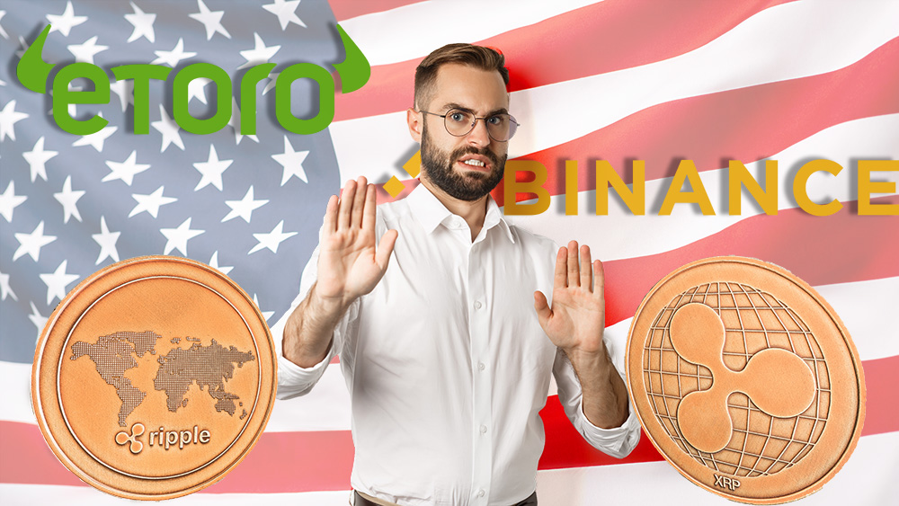 Hombre rechaza monedas de XRP con logos de eToro y Binance y bandera de Estados Unidos en el fondo. Composición por CriptoNoticias. benzoix / freepik.com; Binance / en.wikipedia.org; jirkaejc /  elements.envato.com; etoro / wikipedia.org; Prostock-studio / elements.envato.com.