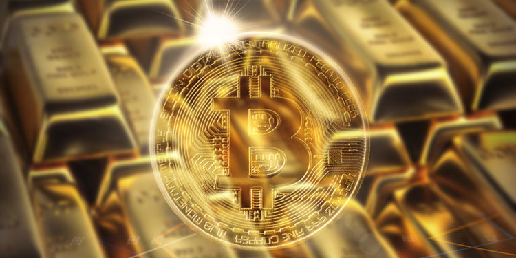 Moneda de Bitcoin resplandeciente con lingotes de oro en el fondo. Composición por CriptoNoticias. kjekol / elements.envato.com; twenty20photos / elements.envato.com.