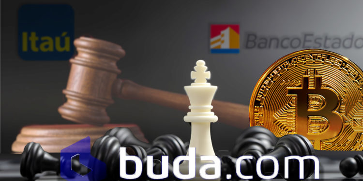 Buda gana juicio contra Itaú y BancoEstado. Composición por CriptoNoticias. Buda / twitter.com; kenishirotie/elements.envato.com; BancoEstado/wikipedia.org; LightFieldStudios/elements.envato.com; Itaú/wikipedia.org; ESchweitzer/elements.envato.com
