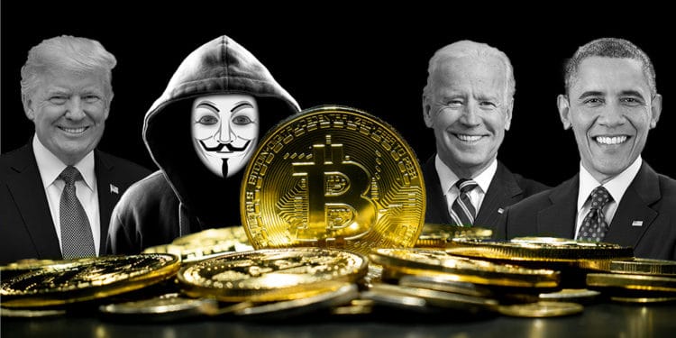 Moneda de Bitcoin con Donald Trump, Satoshi Nakamoto, Joe Biden y Barak Obama en el fondo. Composición por CriptoNoticias. Pete Souza / wikipedia.org; The White House / wikipedia.org; geralt / Pixabay.com; White House / wikipedia.org; anankkml / elements.envato.com