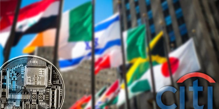 Moneda digital junto a logo de Citigroup con banderas en el fondo. Composición por CriptoNoticias. johan10 / elements.envato.com; citibank / wikipedia.org; twenty20photos / elements.envato.com