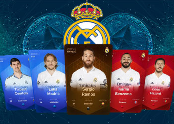 Tarjetas coleccionables del Real Madrid con Logo del equipo entre monedas de ethereum con fondo digital. Composición por CriptoNoticias. Slon.pics / slon.pics; Wikipedia / wikipedia.org; Sorare / twitter.com; starline / freepik.com.