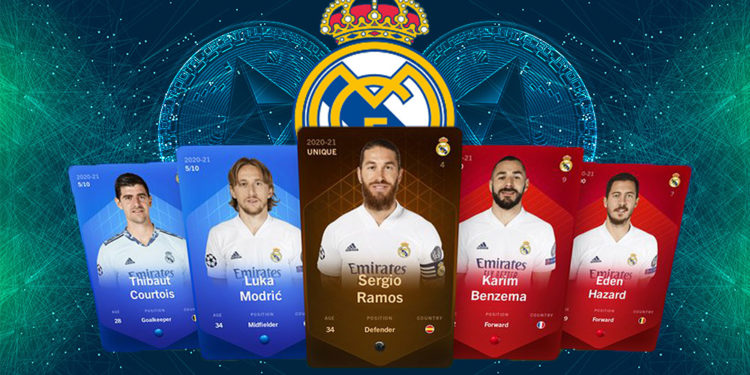 Tarjetas coleccionables del Real Madrid con Logo del equipo entre monedas de ethereum con fondo digital. Composición por CriptoNoticias. Slon.pics / slon.pics; Wikipedia / wikipedia.org; Sorare / twitter.com; starline / freepik.com.