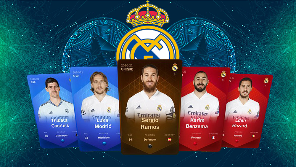 Tarjetas coleccionables del Real Madrid con Logo del equipo entre monedas de ethereum con fondo digital. Composición por CriptoNoticias. Slon.pics / slon.pics; Wikipedia / wikipedia.org; Sorare / twitter.com; starline / freepik.com.