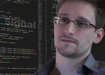 Edward Snowden frente a pantalla con código y logo de Signal superpuesto. Composición por CriptoNoticias. Edward Snowden / edwardsnowden.com; Signal Messenger / wikipedia.org; Boskampi  / pixabay.com