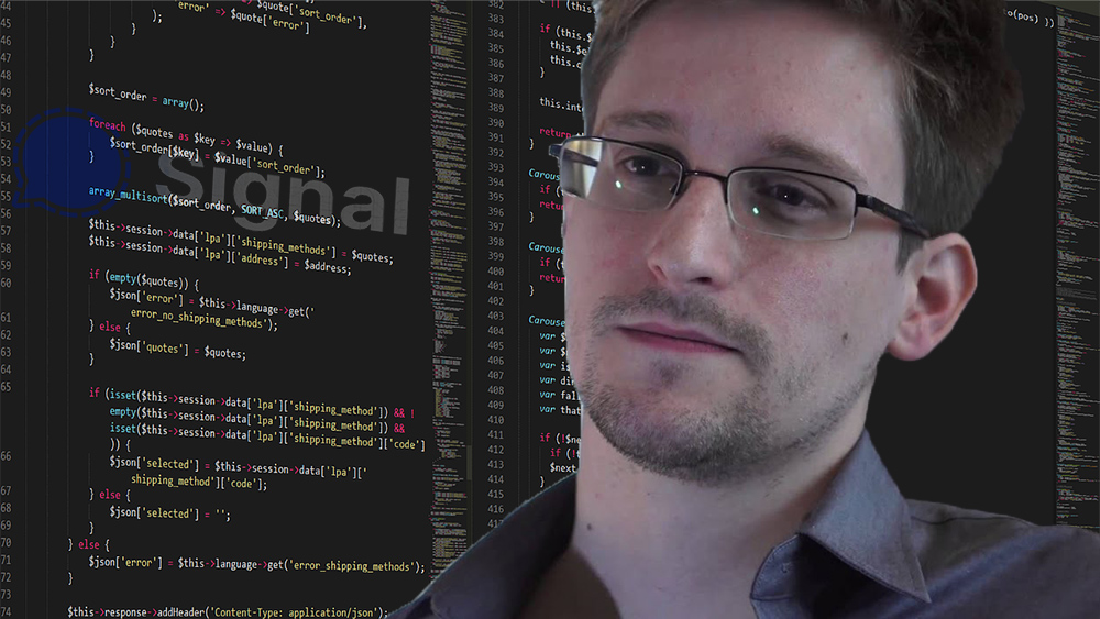 Edward Snowden frente a pantalla con código y logo de Signal superpuesto. Composición por CriptoNoticias. Edward Snowden / edwardsnowden.com; Signal Messenger / wikipedia.org; Boskampi  / pixabay.com