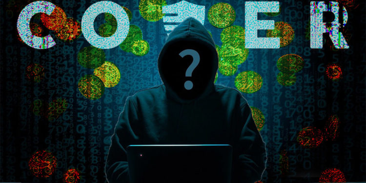 Hacker con código logo de Cover y monedas que caen en el fondo. Composición por CriptoNoticias. B_A / pixabay.com; Cover Protocol / coverprotocol.com; dibrova / elements.envato.com