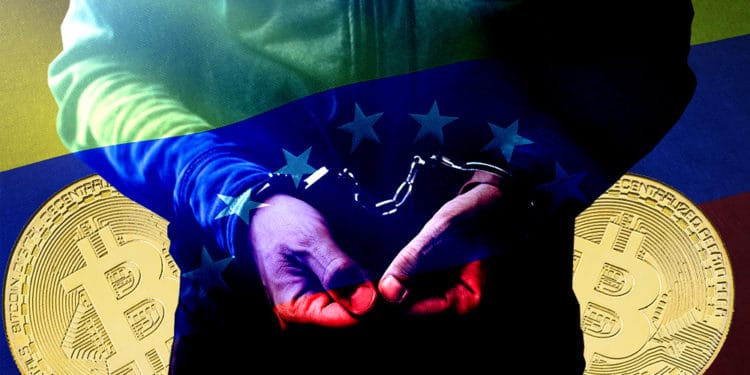 Hacker esposado frente a monedas de bitcoin con bandera de Venezuela de fondo. Composición por CriptoNoticias. jirkaejc / elements.envato.com; Wirestock / Freepik.com; stevanovicigor / elements.envato.com