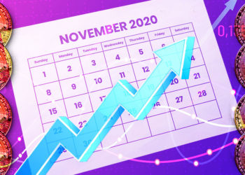 Calendario de Noviembre con gráfico alcista en el fondo y monedas de Bitcoin a los lados. Composición por CriptoNoticias. ff-photo / elements.envato.com; tartila / freepik.com; Prostock-studio / elements.envato.com