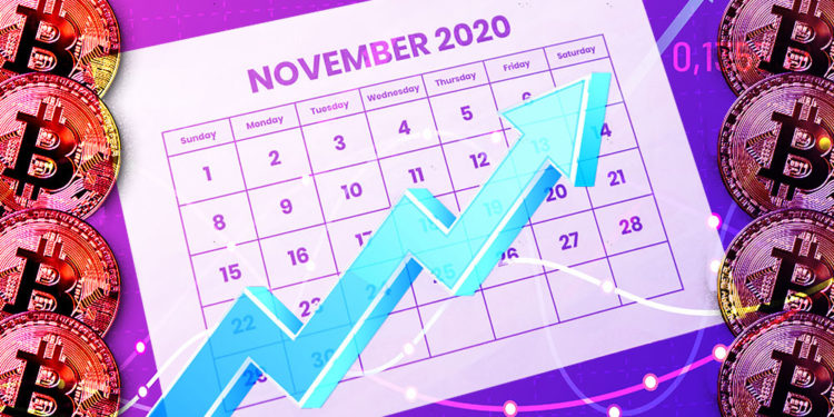 Calendario de Noviembre con gráfico alcista en el fondo y monedas de Bitcoin a los lados. Composición por CriptoNoticias. ff-photo / elements.envato.com; tartila / freepik.com; Prostock-studio / elements.envato.com