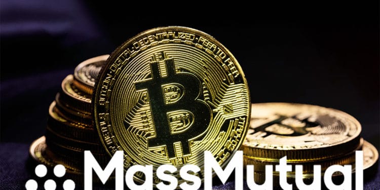 Logo de MassMutual frente a monedas de Bitcoin. Composición por CriptoNoticias. rawf8 / elements.envato.com; Mass Mutual / massmutual.com