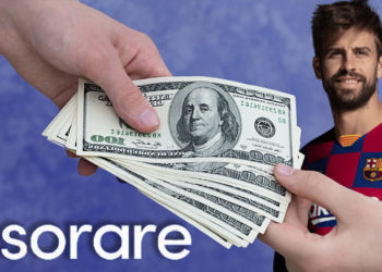 Logo de Sorare frente a persona entregando dinero con foto de Gerard Piqué en el fondo. Composición por CriptoNoticias. Sorare / twitter.com; Cubava / azulgrana.cubava.cu.; twenty20photos / elements.envato.com.