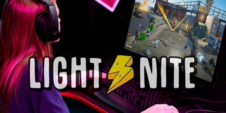 Mujer jugando Lightnite en la computadora con logo de Lightnite. Composición por CriptoNoticias. LightNite / lightnite.io; Lightnite / lightnite.io; Pressmaster / elements.envato.com