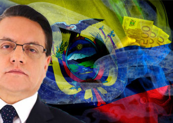 Fernando Villavicencio frente a bandera de Ecuador con blockchain superpuesta y hombre corrupto en el fondo. Composición por CriptoNoticias. Fernando Villavicencio
 / twitter.com; iLexx / elements.envato.com: wirestock / freepik.com: Gajus-Images / elements.envato.com.