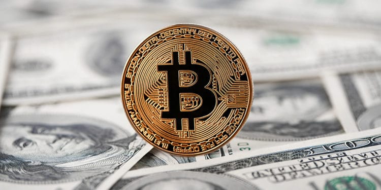 Moneda de Bitcoin sobre billetes de dolar. Fuente: serhiibobyk / elements.envato.com