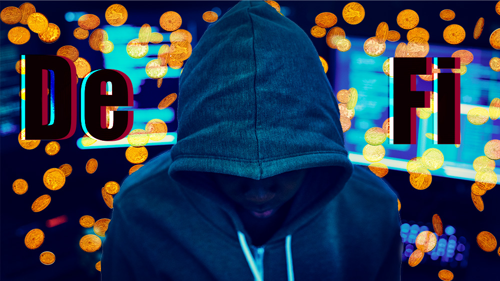 Hacker frente a monedas cayendo con computadoras y DeFi en el fondo. Composición por CriptoNoticias. dibrova / elements.envato.com; Rawpixel / elements.envato.com