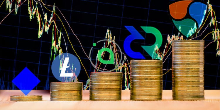 Mejores criptomonedas de la semana. Composición por CriptoNoticias. Elegant01 / elements.envato.com; leungchopan / elements.envato.com; Sia /  sia.tech; Waves / github.com; Litecoin / wikipedia.org; Decred / coinmarketcap.com; NEM /  nem.io.