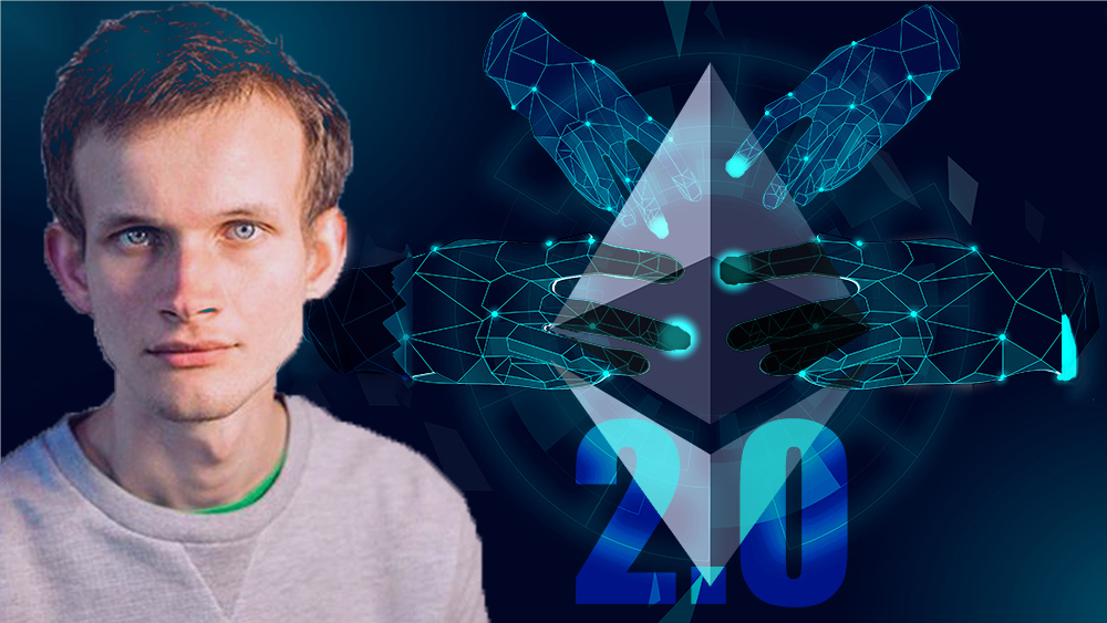 Vitalik Buterin frente a logo de Ethereum con manos digitales superpuestas. Composición por CriptoNoticias. Ethereum / wikipedia.org; DigitexFutures
 / medium.com; rawpixels / freepik.com