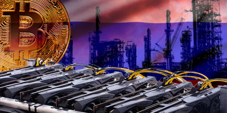 Mineros de criptomonedas con moneda de Bitcoin, planta petrolera y bandera de Rusia en el fondo. Composición por CriptoNoticias. ESchweitzer / elements.envato.com; photocreo / elements.envato.com; GDJ / pixabay.com; twenty20photos / elements.envato.com.