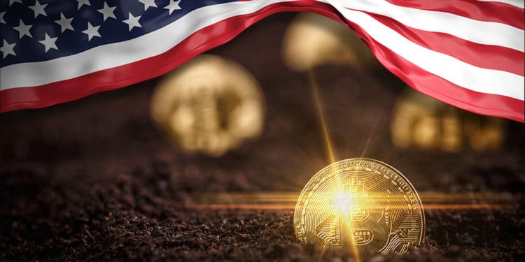 Monedas de Bitcoin saliendo de la tierra con bandera de Estados Unidos. Composición por CriptoNoticias. rawf8 / elements.envato.com; grafvision / elements.envato.com