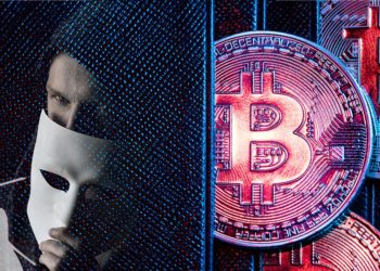 Monedas de Bitcoin en monedero con  hombre cubriendo su rostro con máscara y logo de Samourai Wallet. Composición por CriptoNoticias. Samourai Wallet / github.com; Sammy-Williams / Pixabay.com; photocreo / elements.envato.com