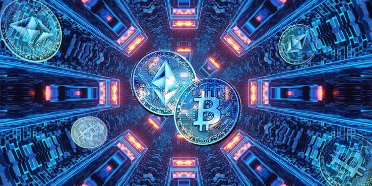 Monedas de Bitcoin y ethereum en redes digitales paralelas. Composición por CriptoNoticias. slon.pics / slon.pics.com; wirestock / freepik.com; slon.pics / slon.pics.com.