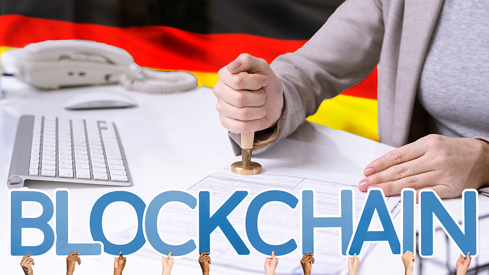 Mujer colocando sello en documento financiero con bandera de Alemania en el fondo y blockchain superpuesto. Composición por CriptoNoticias. martinholv / elements.envato.com; Pressmaster / elements.envato.com; rawpixel.com / freepik.com