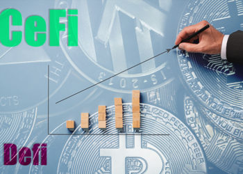 Hombre remarca aumento de ganancias con criptomonedas en el fondo y "DeFi" y "CeFi" superpuestos. Composición por CriptoNoticias. macondoso / elements.envato.com; Gajus-Images / elements.envato.com.