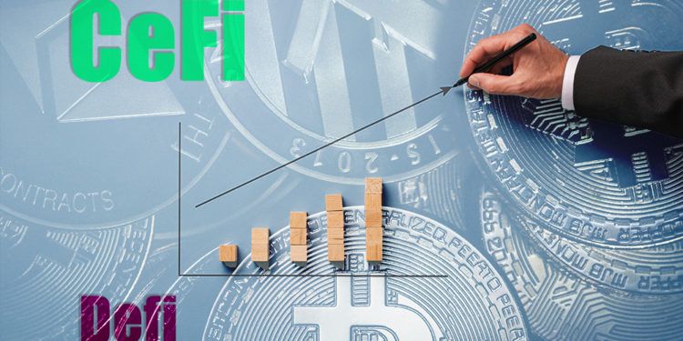 Hombre remarca aumento de ganancias con criptomonedas en el fondo y "DeFi" y "CeFi" superpuestos. Composición por CriptoNoticias. macondoso / elements.envato.com; Gajus-Images / elements.envato.com.