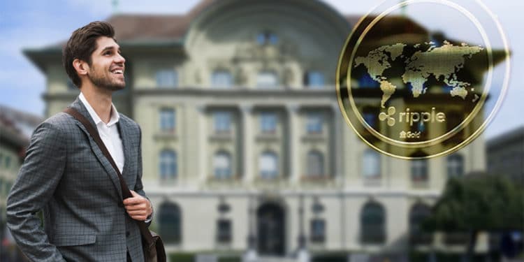 Ejecutivo junto a moneda de Ripple con banco difuminado en el fondo. Composicón por CriptoNoticias. hslergr1 / pixabay.com; WorldSpectrum / pixabay.com; vadymvdrobot / elements.envato.com.