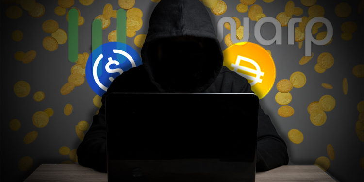 Hacker roba stablecoins de plataforma Defi Warp  Finance. Composición por CriptoNoticias. USDC Coin / coinmarketcap.com; Maker DAO / coinmarketcap.com; Warp Finance / twitter.com; jcomp / freepik.com; dibrova / elements.envato.com.