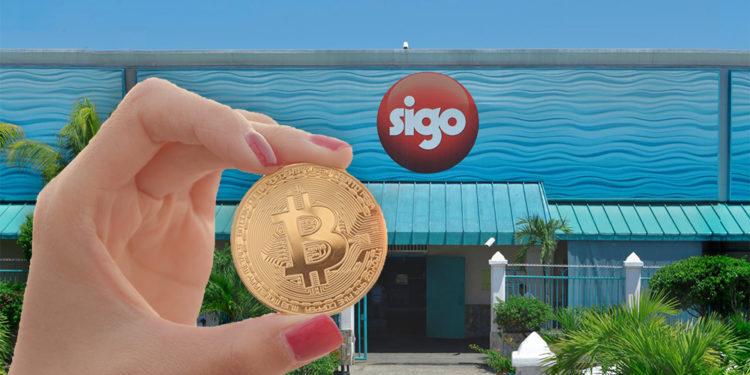 Mujer sostiene moneda de Bitcoin frente a tienda Sigo. Composición por CriptoNoticias. leungchopan / elements.envato.com; @SIGOsa / twitter.com.