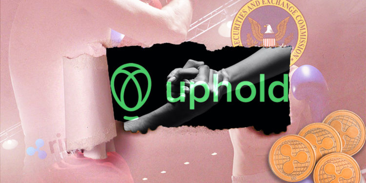 Monedas de XRP sobre fotografía de pelea entre la SEC y Ripple rasgada con manos agarrandose con logo de Uphold superpuesto. Composición por CriptoNoticias.jirkaejc/elements.envato.com; Uphold/uphold.com; Prostock-studio/elements.envato.com; Alexas_Fotos/pixabay.com; CriptoNoticias/criptonoticias.com