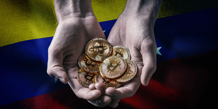 Manos sosteniendo monedas de Bitcoin con bandera de Venezuela en el fondo. Composición por CriptoNoticias. wirestock / freepik.com; grafvision / elements.envato.com