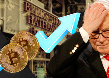 Monedas de Bitcoin sobre flecha alcista Junto a Warren Buffett con fachada de Berkshire Hathaway y dólares cayendo en el fondo. Composición por CriptoNoticias. Bankrate / bankrate.com; tartila / freepik.com; Market Watch / marketwatch.com; kjekol / elements.envato.com; Patrick Pascal Schauß /  Pixabay.com.