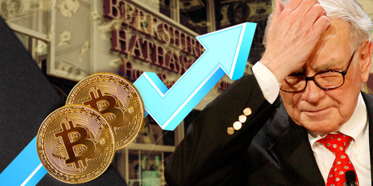 Monedas de Bitcoin sobre flecha alcista Junto a Warren Buffett con fachada de Berkshire Hathaway y dólares cayendo en el fondo. Composición por CriptoNoticias. Bankrate / bankrate.com; tartila / freepik.com; Market Watch / marketwatch.com; kjekol / elements.envato.com; Patrick Pascal Schauß /  Pixabay.com.