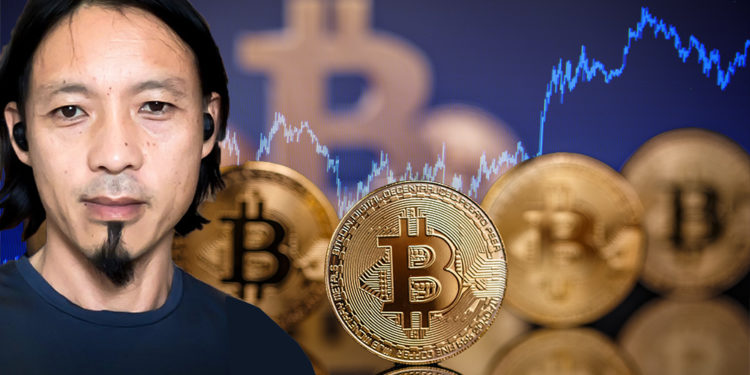 Willy Woo junto a monedas de Bitcoin con gráfico alcista en el fondo. Composición por CriptoNoticias. grafvision / elements.envato.com; unchainedpodcast; jcomp / freepik.com.