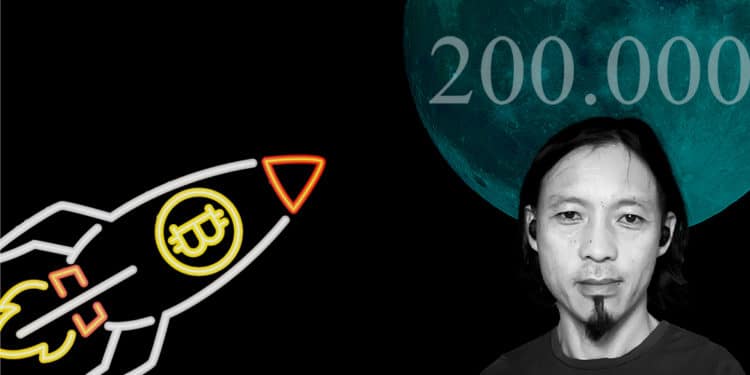 Willy Woo frente a Luna azul con cohete de Bitcoin. Composición por CriptoNoticias. Radixdit.com ; @katemangostar / Freepik.com; wirestock / Freepik.com.