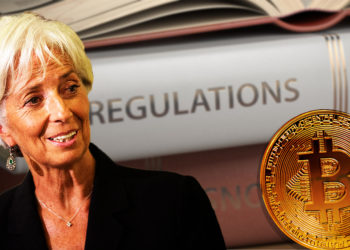 Christine Lagarde junto a moneda de Bitcoin con libros de regulaciones en el fondo. Composición por CriptoNoticias. ESchweitzer / elements.envato.com; Britannica / britannica.com; maxxyustas / elements.envato.com.