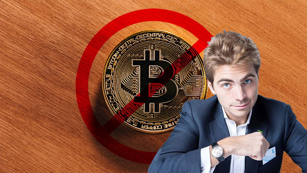 Pierpaolo Barbieri frente a moneda de bitcoin con símbolo de prohibido. Composición por CriptoNoticias. Pierpaolo Barbieri / twitter.com; Clker-Free-Vector-Images / pixabay.com; stevanovicigor / elements.envato.com