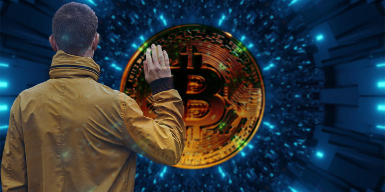 Hombre se despide con red digital y bitcoin en el fondo. Composición por CriptoNoticias. Chalabala / elements.envato.com; wirestock / freepik.com; LightFieldStudios / elements.envato.com.
