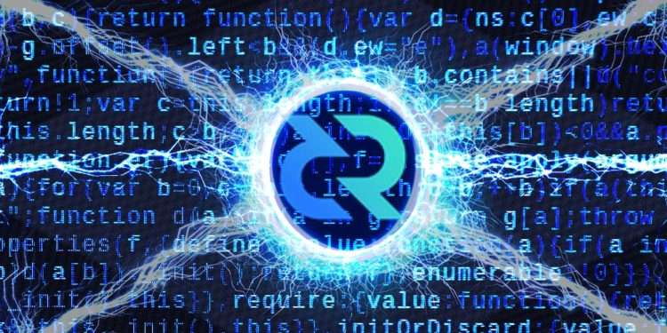 Logo de Decred en aro formado por relámpagos con código en el fondo. Composición por CriptoNoticias. Decred / coinmarketcap.com; vectorpouch / freepik.com; twenty20photos / elements.envato.com.