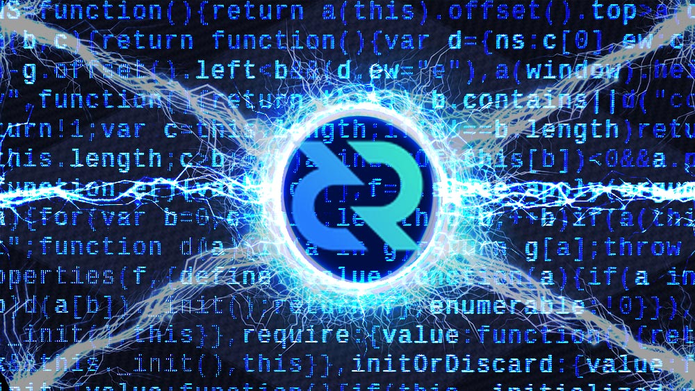 Logo de Decred en aro formado por relámpagos con código en el fondo. Composición por CriptoNoticias. Decred / coinmarketcap.com; vectorpouch / freepik.com; twenty20photos / elements.envato.com.