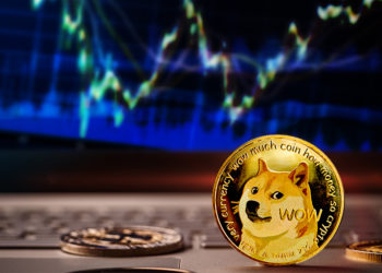 Moneda de Dogecoin sobre computadora con gráfico alcista en el fondo. Composición por CriptoNoticias. jirkaejc / elements.envato.com; grafvision / elements.envato.com; leungchopan / elements.envato.com.