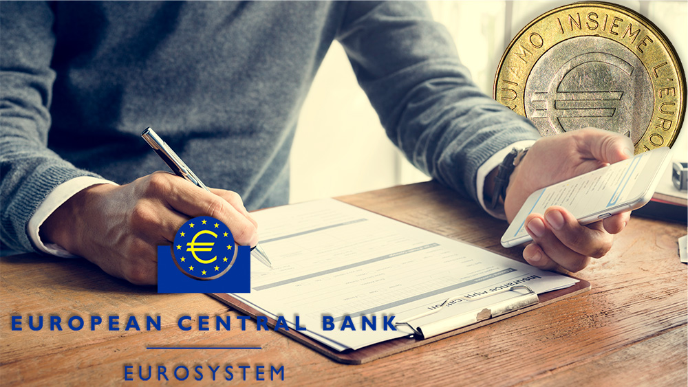 Logo del Banco Central Europeo sobre hombre contestando encuesta con moneda de Euro en el fondo. Composición por CriptoNoticias. michelangeloop / elements.envato.com; Banco Central Europeo / cde.ugr.e; Rawpixel / elements.envato.com.