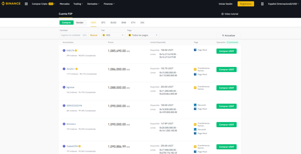 Página principal de Binance P2P