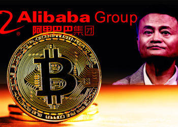 Moneda de Bitcoin con Jack Ma y logo de Alibaba Group en el fondo oscuro. Composición por CriptoNoticias. Alibaba Group / wikipedia.org; mothership / mothership.sg.com; stevanovicigor / elements.envato.com.